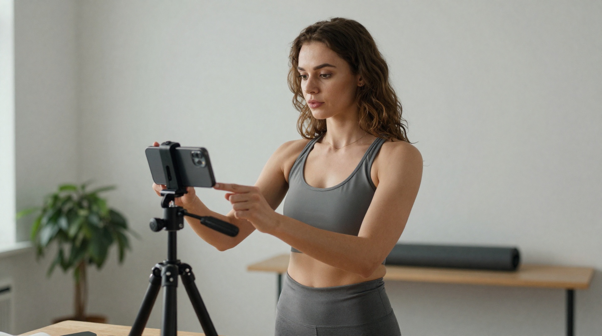 Женщина в спортивной одежде настраивает смартфон на штативе для записи фитнес-контента в светлой комнате.
